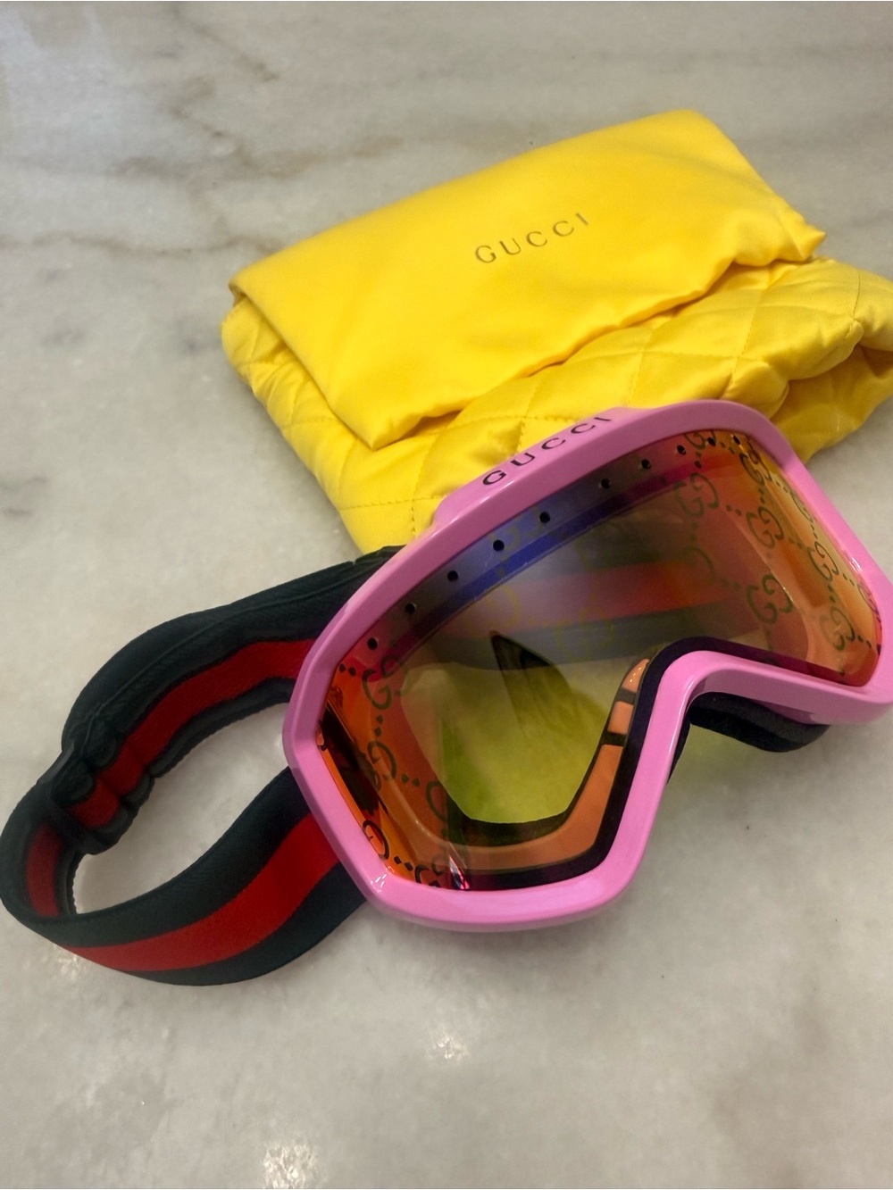 Gucci Pink Ski Goggles with Red & Black Strap and Mirrored Lens